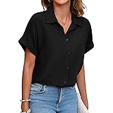 Poplab Womens Button Down Shirt Casual Short Sleeve Collared Work Blouse with Pocket