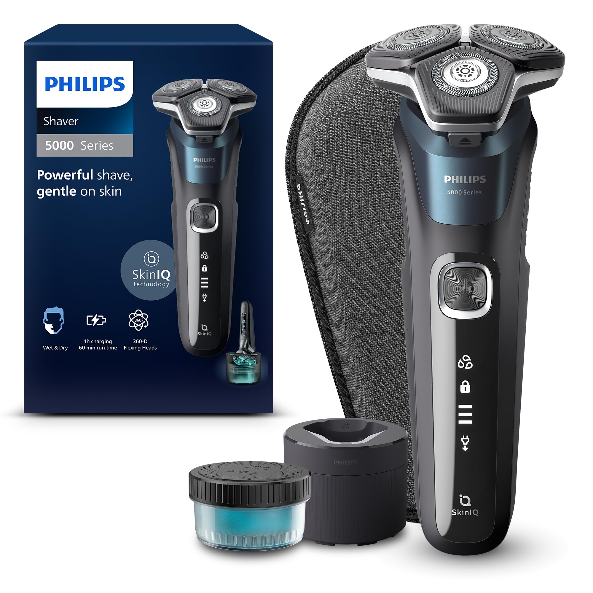 Philips Rasoir Series 5000 - rasoir électrique Wet & Dry avec technologie SkinIQ, tondeuse rétractable, coffret de voyage, Quick Cleaning Pod, bleu électrique, modèle S5889/50