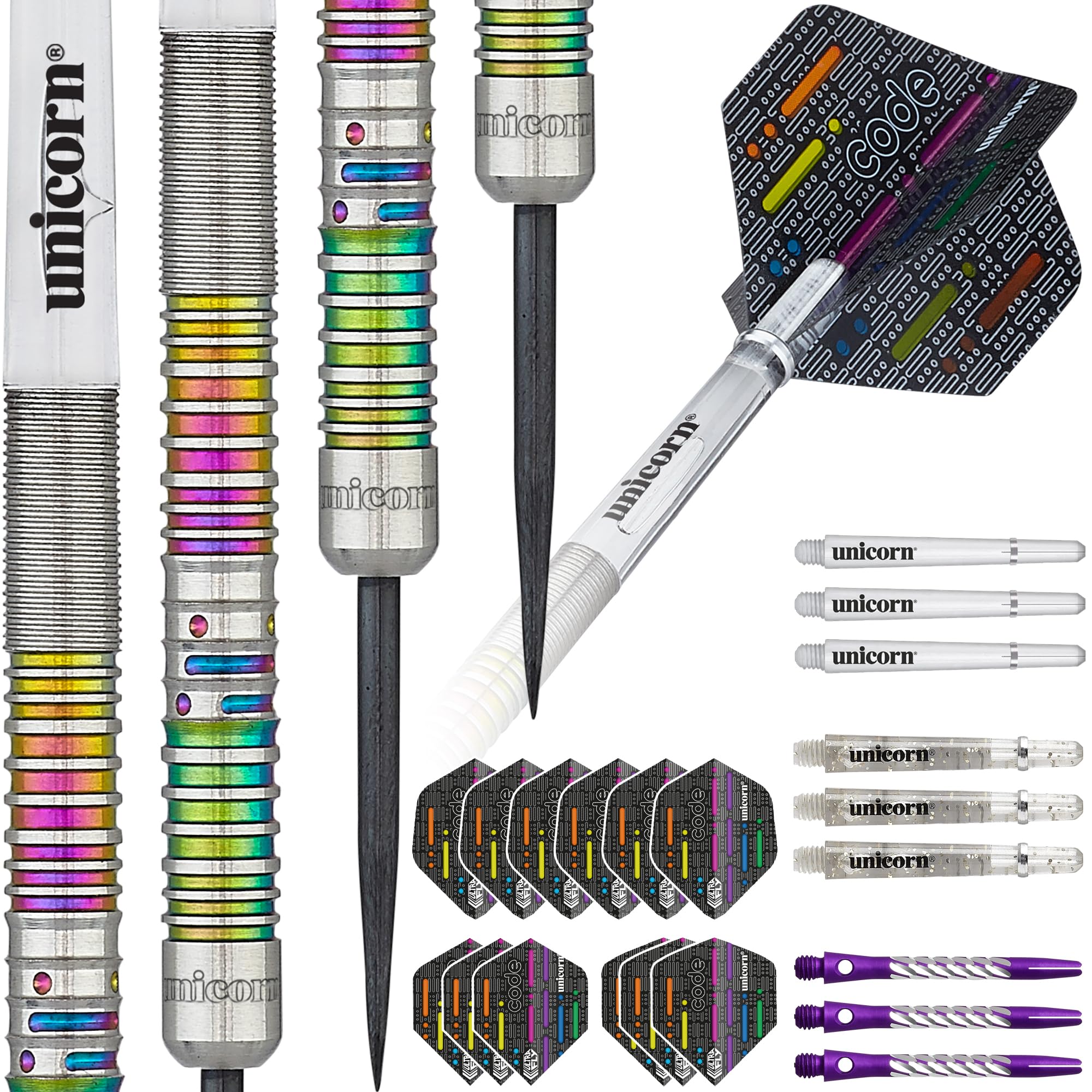 Unicorn Steel Tip Professional Darts Set | James 'The Machine' Wade Code | 90% Natural Tungsten Barrels with Multicolour Titanium Accents | 20 g