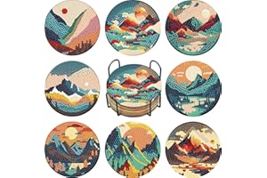 8 PCS Sunset Diamond Art Coasters Mountain Diamond Painting Coasters Kits with Holder for Beginners, Adults, Diamond Art Craf
