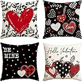 AVOIN colorlife Hello Valentine Love Heart Leaves Black Throw Pillow Covers, 18 x 18 Inch Be Mine Buffalo Plaid Polka Dot Anniversary Wedding Cushion Case Decoration for Sofa Couch Set of 4