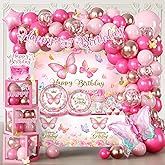 282pcs Pink Butterfly Birthday Decorations for Girl, All-in-one Set with Pink Butterfly Balloon Arch, Tableware, Backdrop, Tablecloth, Balloon Box, Butterfly Sticker, Cupcake Topper, Etc. Serves 25