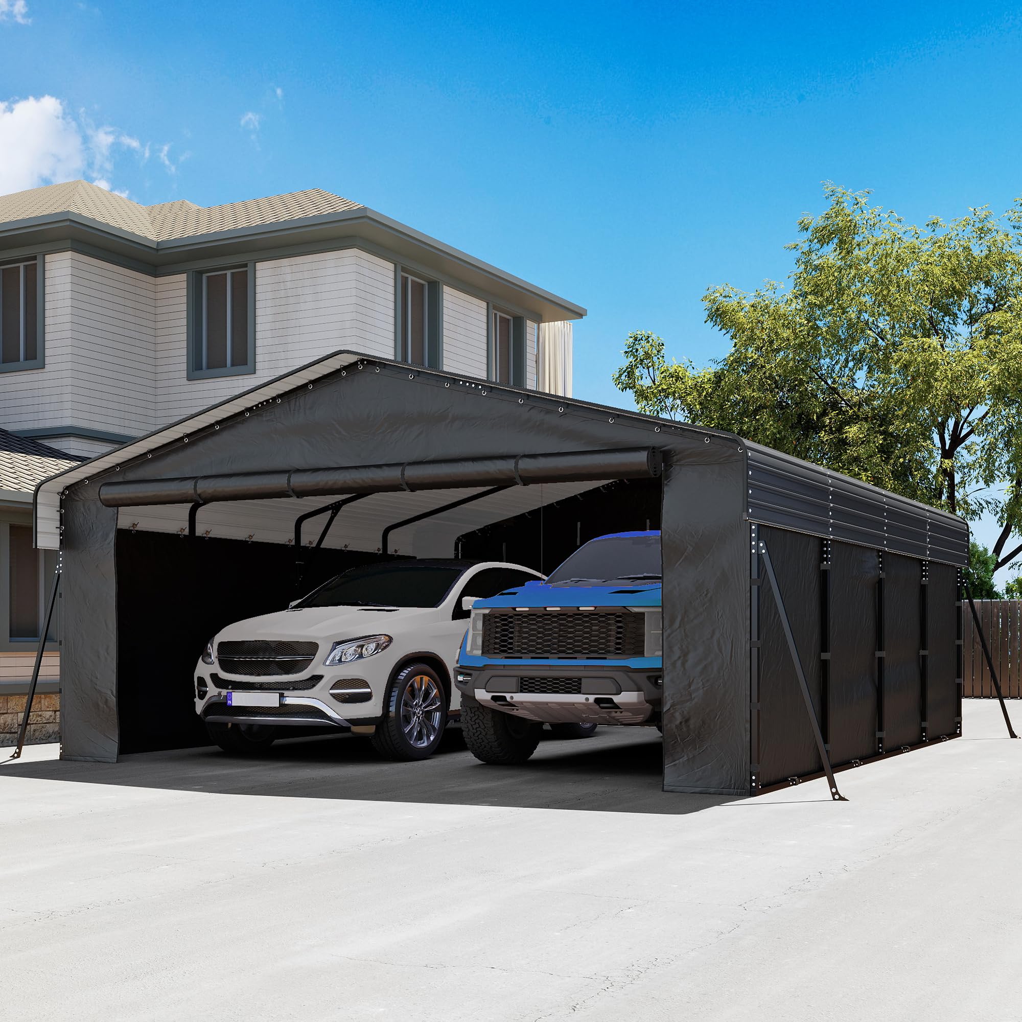 Photo 1 of 20 x 20FT Heavy Duty Metal Carport, Outdoor Carport with Galvanized Steel Frame and Roof, Multi-Use Car Shelter with Removable Sidewalls for 2 Cars, Pickup, Tractors, Gray