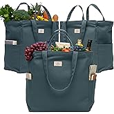 Nook Theory 3-Pack Reusable Grocery Bags - Heavy Duty, Large 12 Oz Cotton Canvas Reusable Shopping Bags With Pockets, 100% Cotton Cloth Grocery Totes, Foldable Multi Compartment (Ocean)