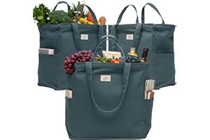 Nook Theory 3 Pcs Reusable Grocery Bags - Heavy Duty Canvas Bags, Large Reusable Shopping Bag, Picnic, 100% Cotton (Ocean)