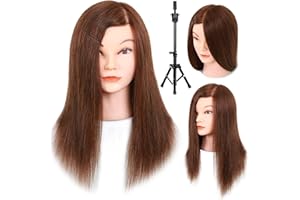 MANNEQUEENHEAD Mannequin Head with Human Hair - 20-22" Cosmetology Mannequin Head with 100% Real Human Hair for Braiding Practice Cutting - Manikin Head with Human Hair for Hairdresser with Tripod Set