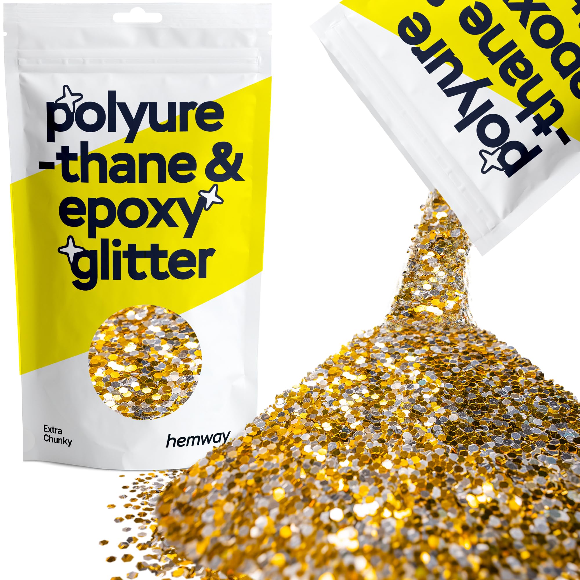 Hemway Resin Glitter Gold Silver 100g Extra Chunky | Polyurethane & Epoxy Glitter for Resin Crafts, Tumblers, Coasters, Floor & Table Art