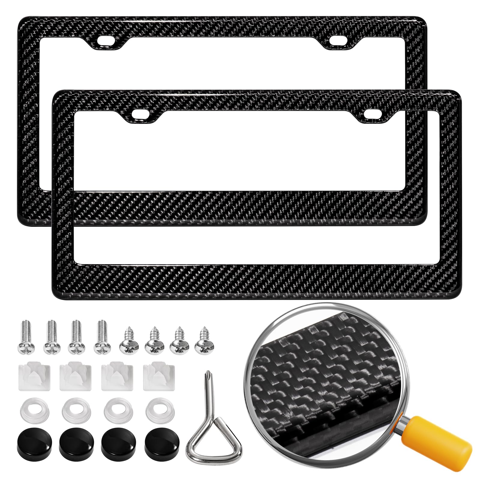 Photo 1 of DCRCFIBER Real Carbon Fiber License Plate Frame, 100% Pure Carbon Fiber Frame, Black License Plate Holder Cover with Screw Caps, Anti-Vibration Pads,2 Pack (Twill 2 Hole)