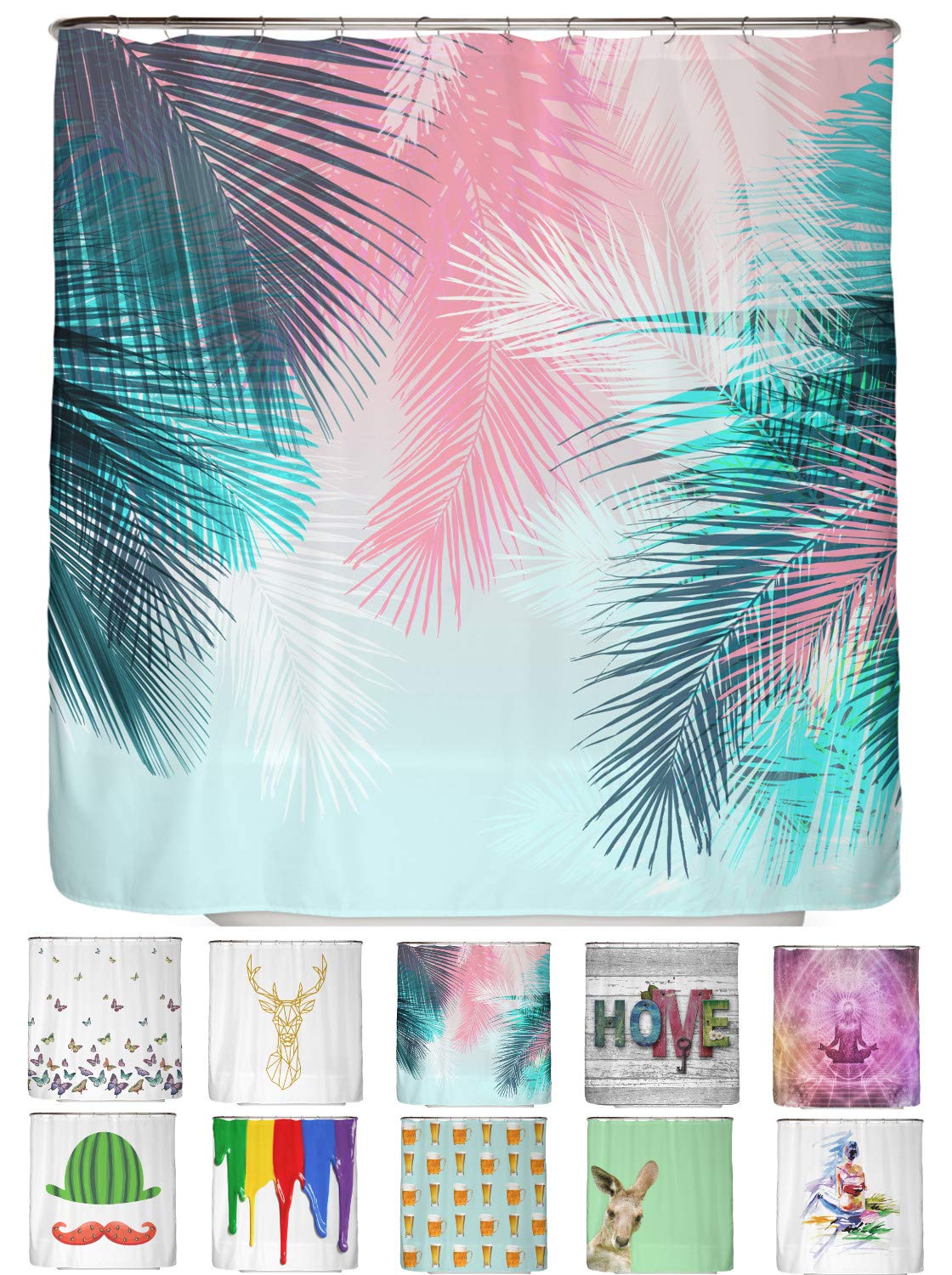 arteneur® - Palm tree leafes - Shower Curtain 180 x 200cm - Mould Resistant Fabric, Weighted Hem, Opaque, Waterproof, Washable incl. 12 hooks