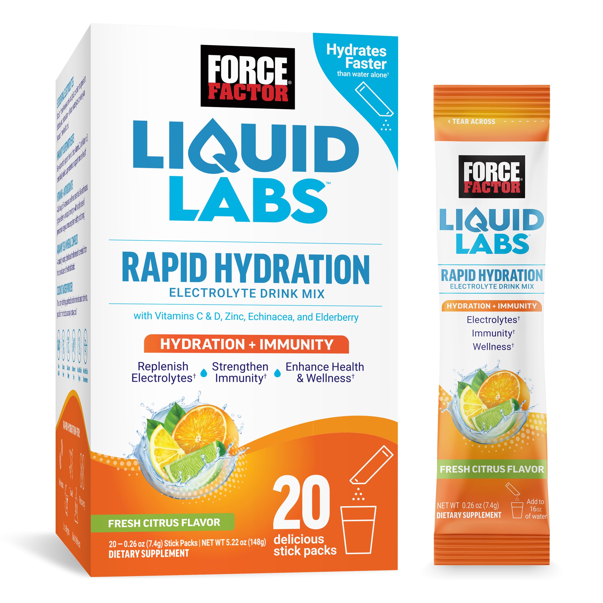 Force Factor Liquid Labs Immunity Electrolytes Powder & Immune Support Supplement,Hydration Packets with Immunity Vitamins,Electrolytes,Minerals,& Antioxidants,Fresh Citrus Flavor,20 Stick Packs