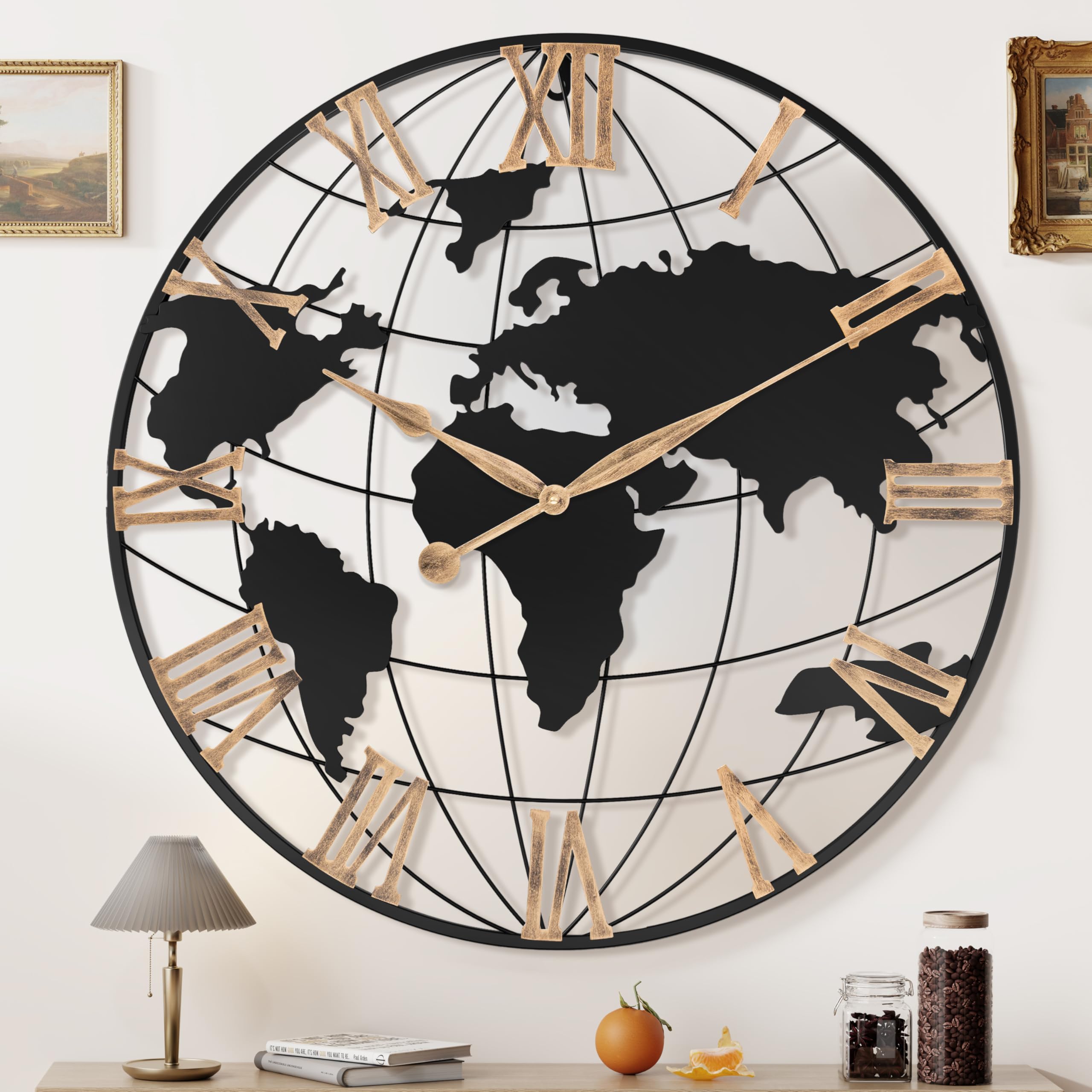 Photo 1 of 30 Inch Extra Giant Large Wall Clock Oversized,Black Big Metal Modern Decorative Silent World Map Wall Clock with Vintage Gold Roman Numeral for Office,Living Room,Kitchen,Dining Room Decor