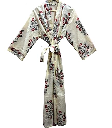 Cotton Hand Block Print Womens Bathrobes| Lightweight Bathrobes| Women Sleepwear Robes| Kimono Robe| Dressing Gown (US, Alpha, One Size, Regular, Regular, Bathrobe-10) at Amazon Women's Clothing store