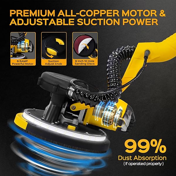 DRYWALL SANDER TOOL, KUPERIA 8.5 AMP POPCORN CEILING REMOVAL TOOL WITH 7 VARIABLE SPEED 800-1800RPM, ELECTRIC DRYWALL SANDER WITH EXTENDABLE HANDLE, LED LIGHT,6 BASIC SAND PAPER & 6 GRID SANDPAPER