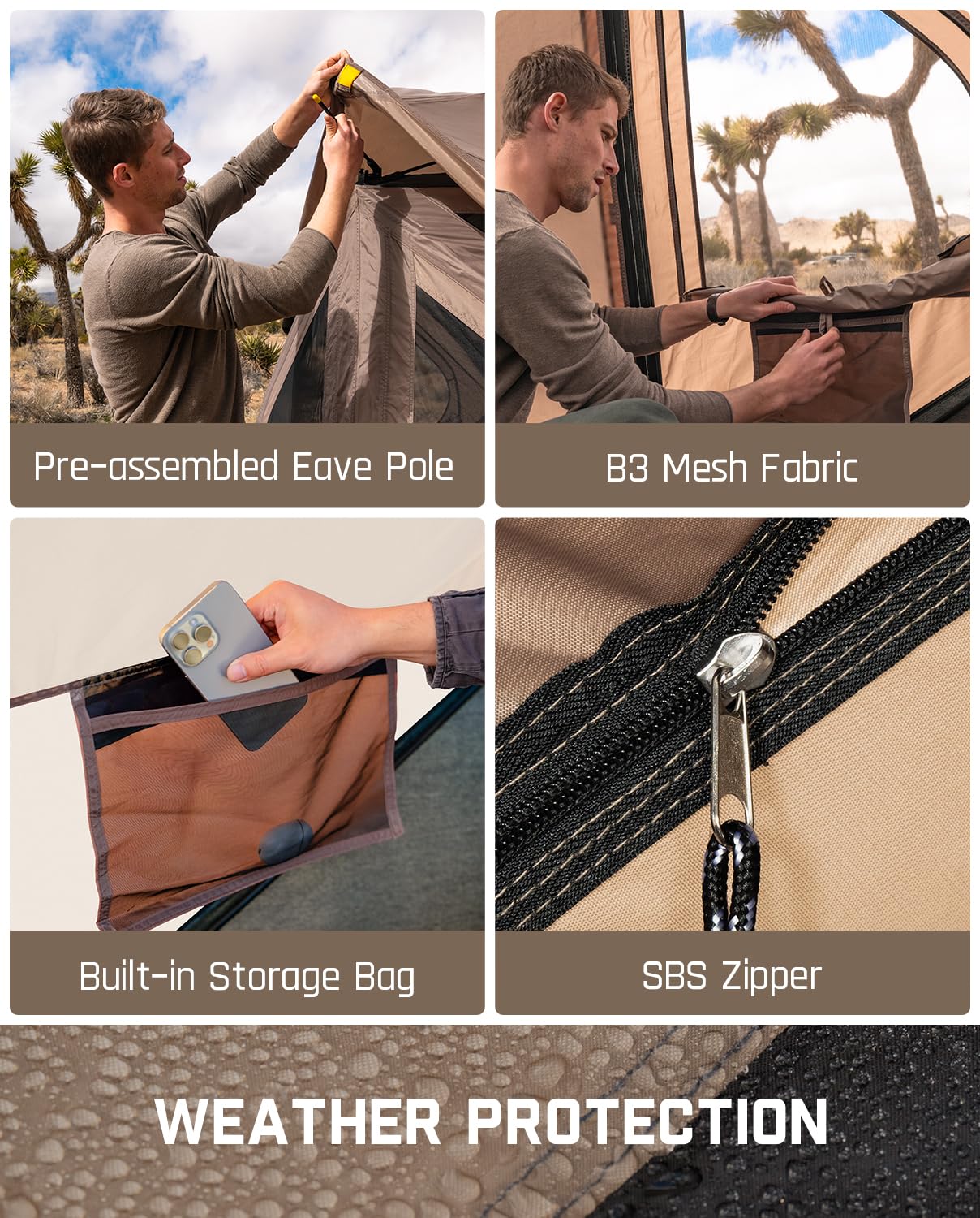 FanttikOutdoor Alpha C4 Ultra Camping Tent 4 Person Pop Up Instant Cabin Setup in 60 Seconds Portable Hub Tent with Rainfly & Windproof for Outdoor Camping & Overlanding, Khaki