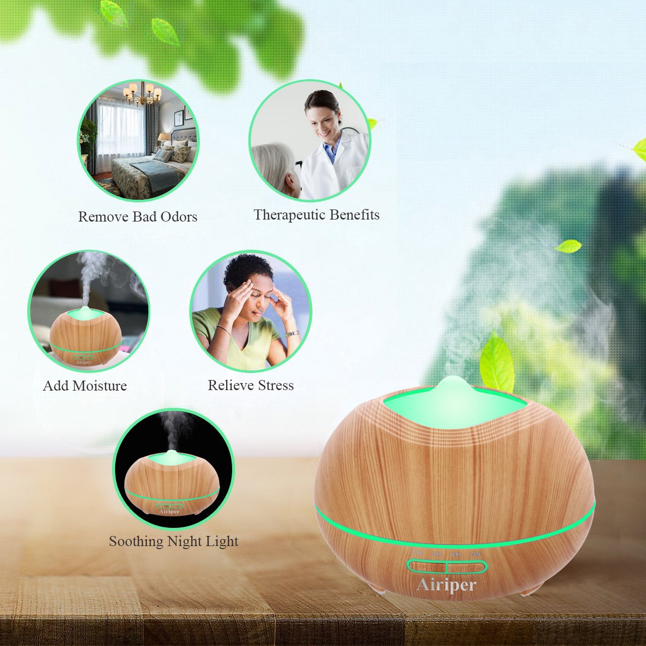 Airiper 400ml Aroma Essential Oil Diffuser, Portable Wood Grain Aromatherapy Humidifier Ultrasonic Cool Mist Air Purifiers w 7 Color LED Lights, 4 Timer Settings, Waterless Auto Shut-Off Features