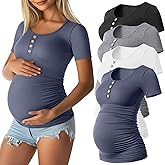 Sweetyweee 4 Pack Womens Maternity Shirts Scoop Neck Cotton Short Sleeve Ribbed Pregnancy Top Henley Side Ruched Mama Clothes