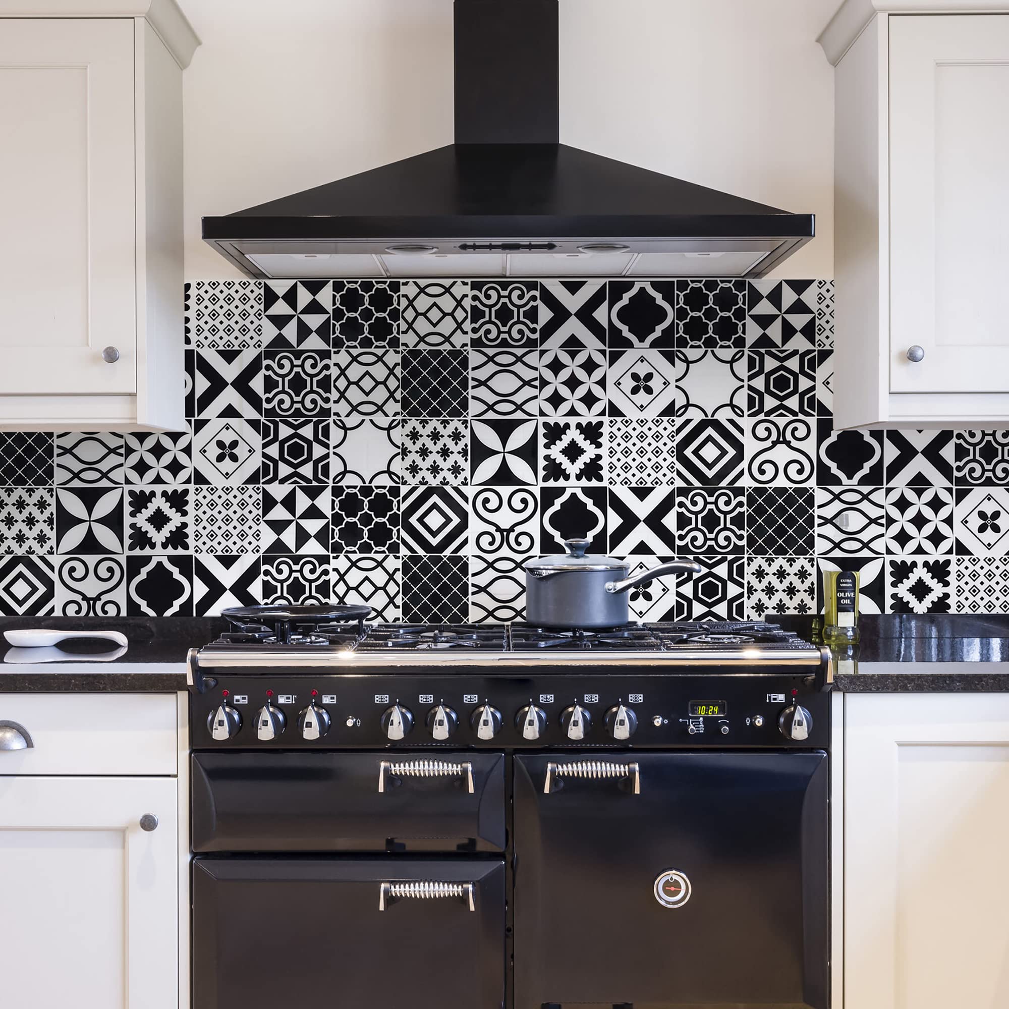 CREARREDA Kitchen Splash Guard Panel Wall Sticker White and Black Tiles 180_x_60_cm 100% Made in Italy with Non-Toxic, Fireproof and Water Resistant Ink, 67136