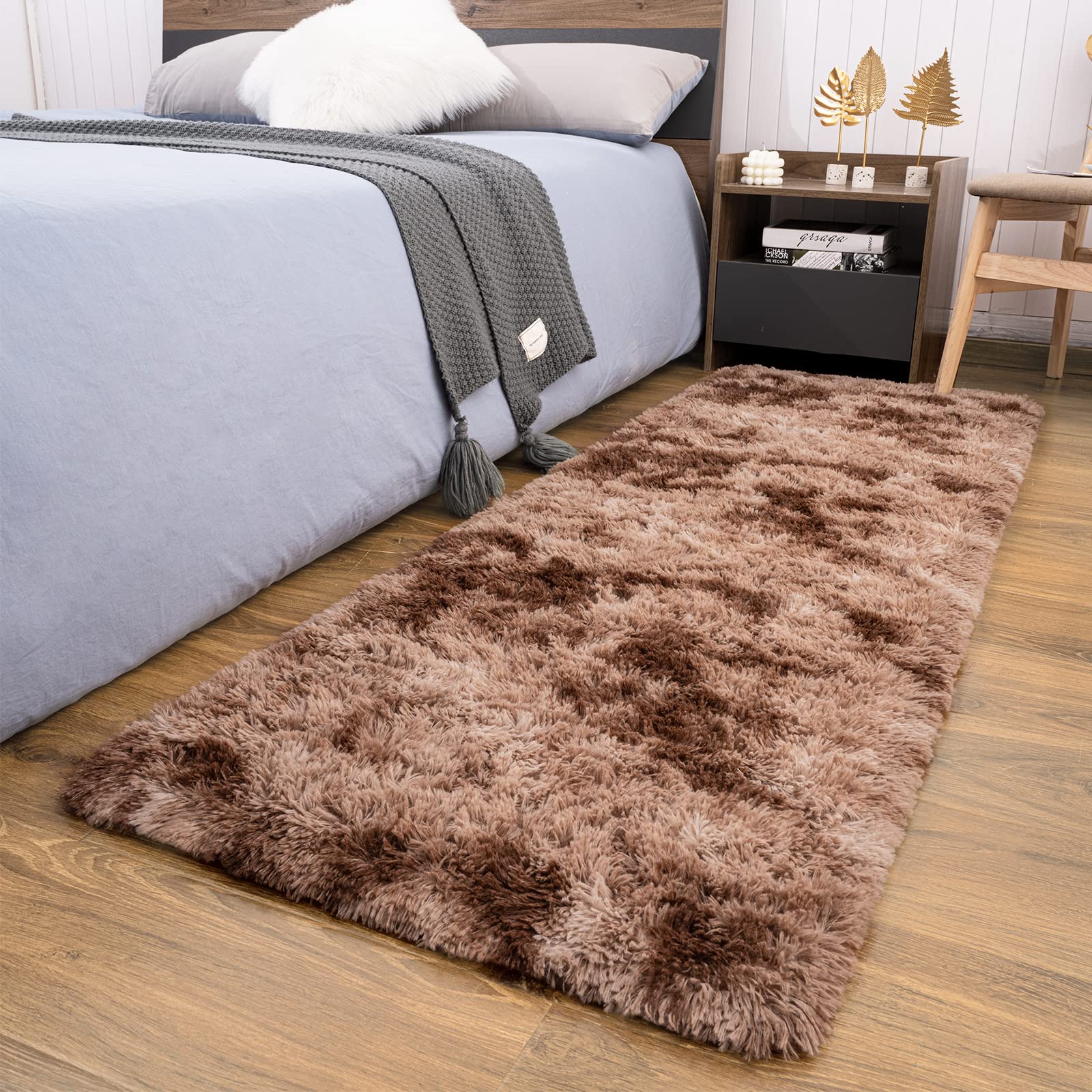Photo 1 of Maxsoft Soft Shaggy Runner Rug for Bedroom, 2x6 Feet Indoor Modern Fluffy Area Rugs Fuzzy Carpet for Hallway Bedside, Upgrade Non-Slip Shag Plush Rug for Dorm Living Room, Tie-Dyed Brown