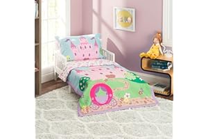 EVERYDAY KIDS 4 Piece Toddler Bedding Set -Princess Storyland- Includes Comforter, Flat Sheet, Fitted Sheet and Reversible Pillowcase