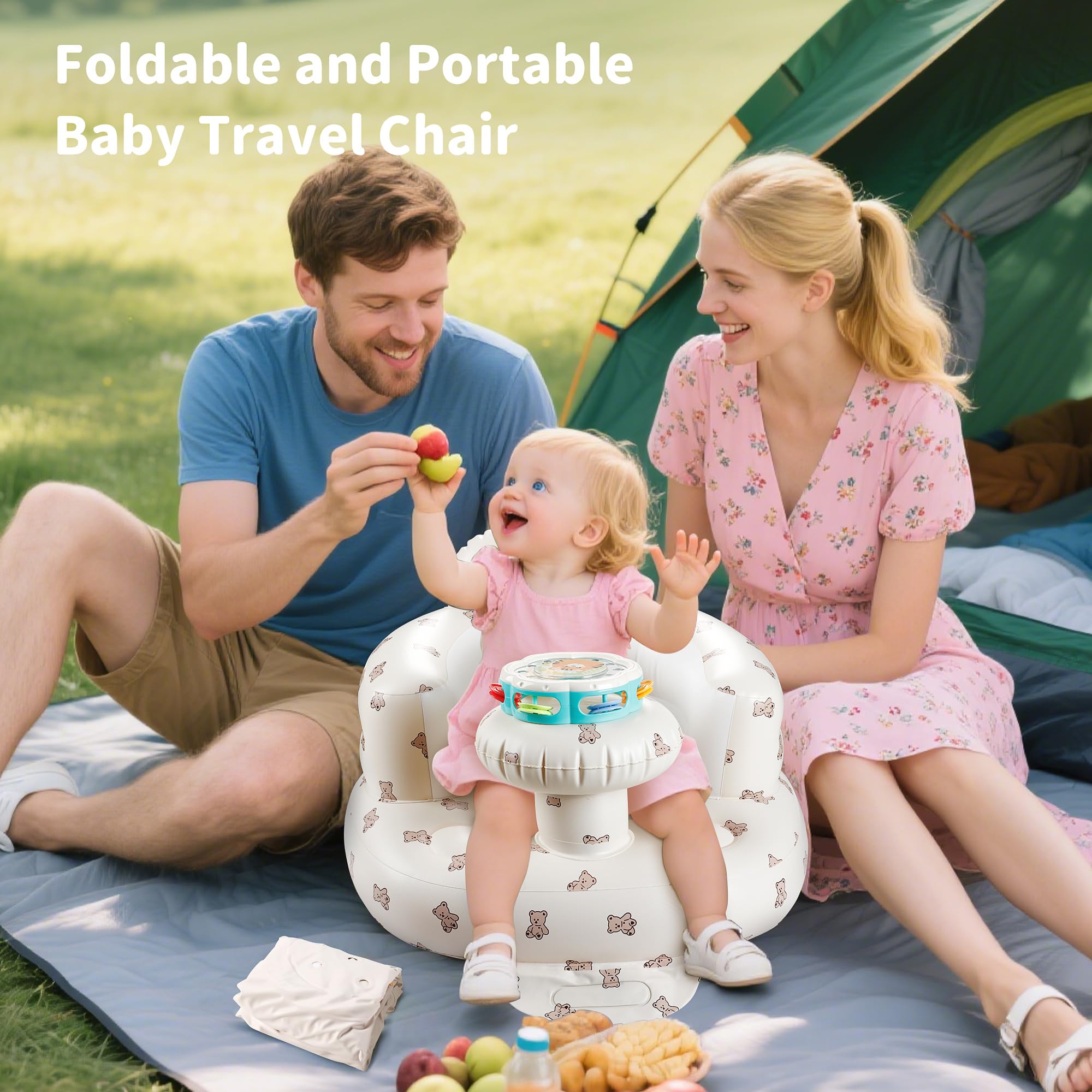 Inflatable Baby Seat with Tray, Comfortable Sit Me Up Floor Seat for Baby Learning to Sit, Portable Built in Air Pump Blow Up Baby Chair，Sitting Support Infant Chair for 3 Months Up (Bear Cub)