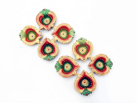 TEDTECH Traditional Peacock Clay Diyas for Diwali Decorations/Colourful Hand Painted Puja Terracotta Diya/Festivals Diya (Set of 4)