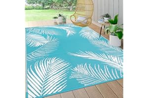 Pauwer Waterproof Outdoor Rug 5x8, Reversible Plastic Straw Patio Camping Rug, Indoor Outdoor RV Mat Carpet for Deck, Camper, Porch, Balcony, Backyard, Picnic, Leaf Teal