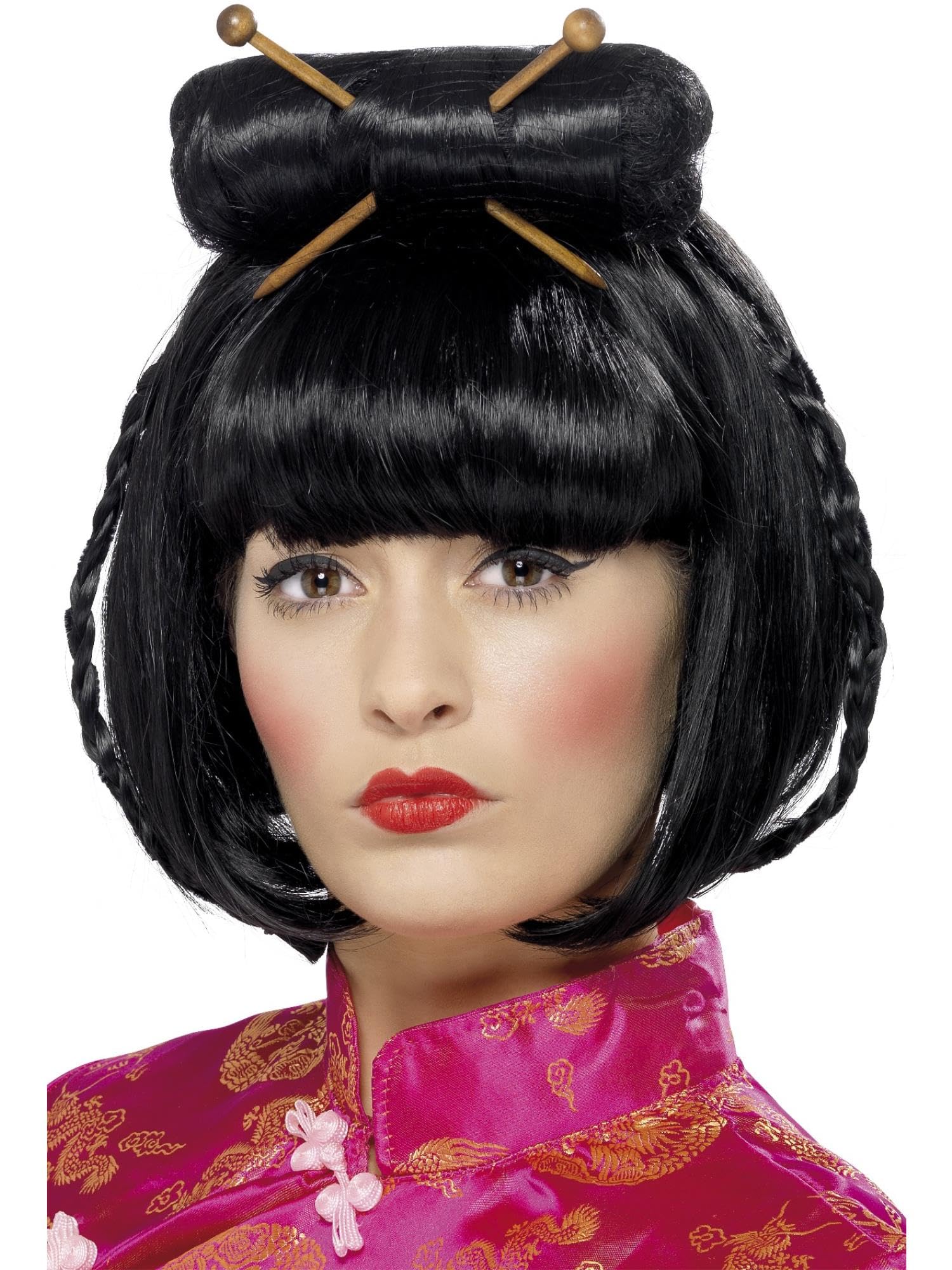 Smiffys Oriental Lady Wig, Black Mid Length with Chopsticks, Around The World Fancy Dress, Adult Dress Up Wigs