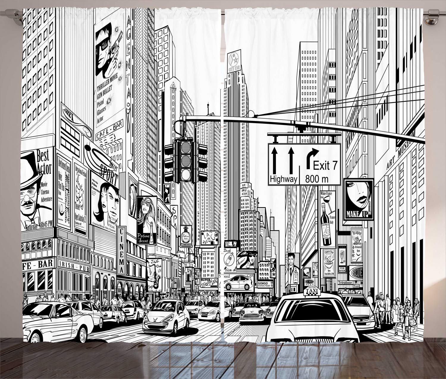 ABAKUHAUS NYC Curtains, Street of New York Urban Scenery Monochrome Sketch Cars People Buildings, Living Room Bedroom Window Drapes 2 Panel Set, 69 L X 110 W, Charcoal Grey and White