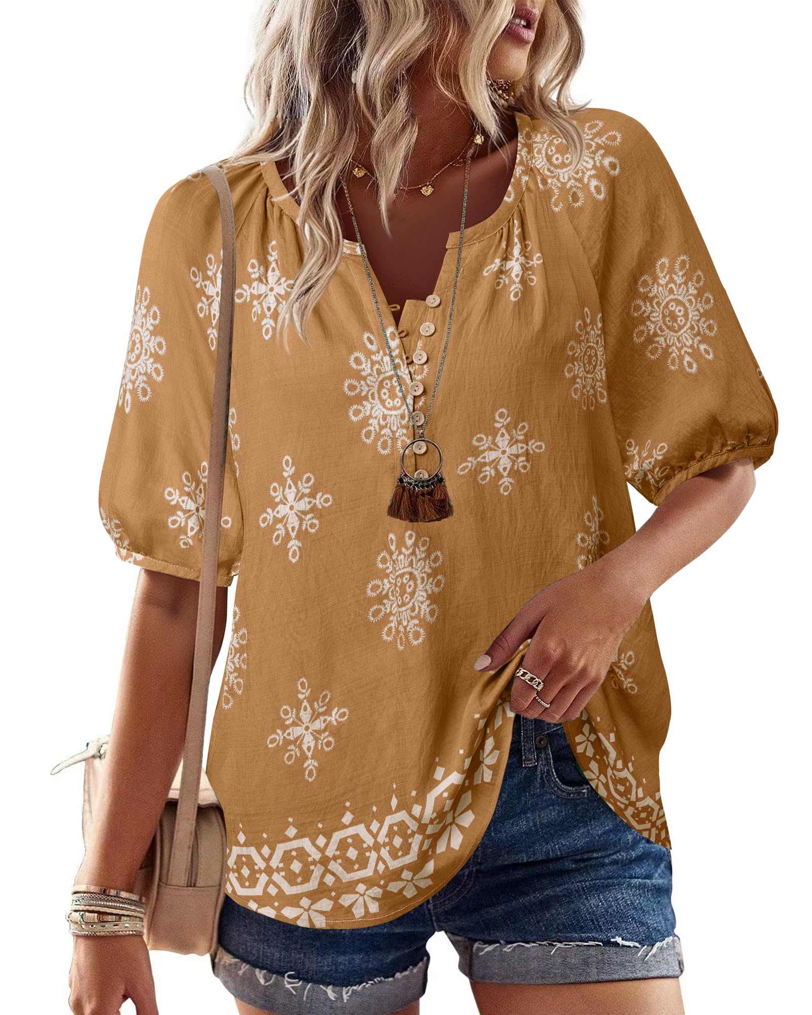 Photo 1 of Unixseque Short Sleeve Blouses for Women: Plus Size Summer V Neck Floral - Womens Boho Tops - Bohemian Peasant Blouses Shirts Country Concert Tops Button Down Shirts