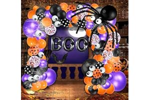 Bonropin Halloween Balloon Garland Arch kit with Halloween Spider Web, Boo Aluminum Foil Banner Balloons, Spider Balloons, Black Orange Purple Confetti Balloons for Halloween Day Party Decorations