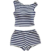 ASKHOPE Women's 2 Piece Striped Summer Outfits Off The Shoulder Knit Crop Tops and Mini Shorts Vacation Sets