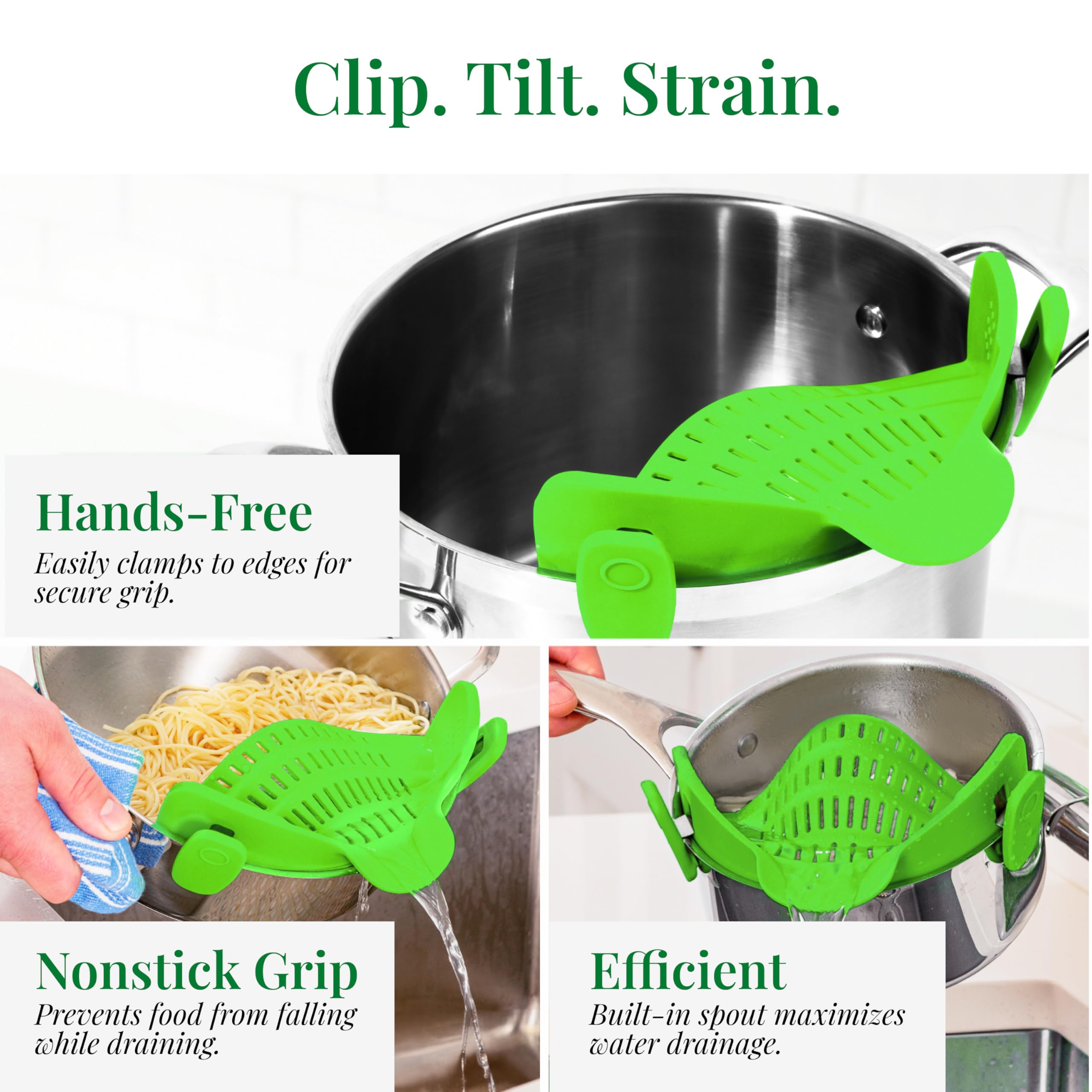 Kitchen Gizmo Snap N' Strain Clip On Strainer for Pots and Pans - Collapsible Silicone Pasta Strainer and Kitchen Gadget for Cooking - Easy to Use, Heat Resistant and Space Saving Colander - Green