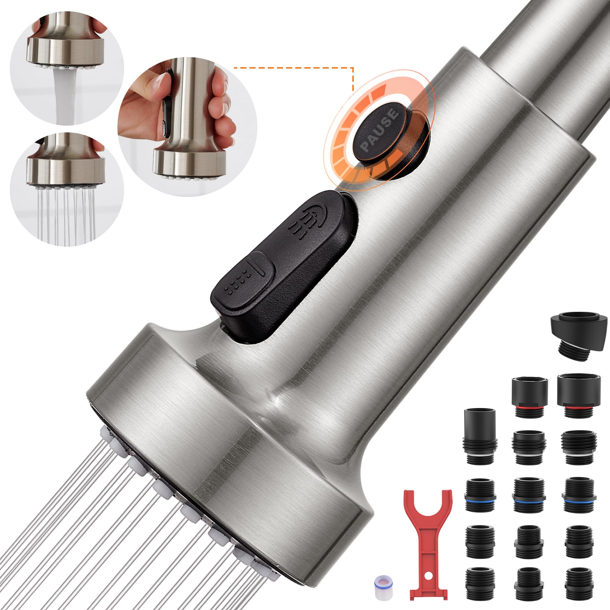 Photo 1 of TIORIY with 15 Adapters Pull Down Kitchen Sink Faucet Head Replacement, 3 Functions Plastic Kitchen Sink Sprayer Nozzle Replacement for Kitchen Faucet, Pause Mode (Brushed Nickel)