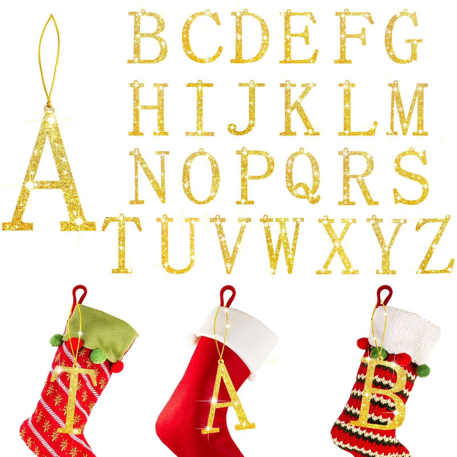 Photo 1 of 26 Pcs Gold Glitter Wooden Christmas Stocking Letter Tags Cutout Initial Xmas Tree Ornament Shiny A-Z A-Z Alphabet Name Tags for Christmas Decor (Gold Letter)