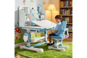 JENPECH Kids Desk and Chair Set, Height Adjustable Kids Study Desk with Widened Tabletop,Tiltable Reading Stand, Spine Protect & Prevent Myopia, for Boys & Girls (Blue 7)