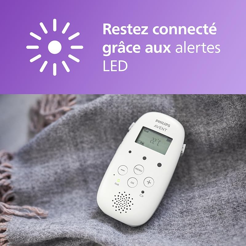 Philips Avent DECT - Écoute-bébé Audio avec veilleuse et berceuses, Conversation bidirectionnelle, portée de 330m, autonomie de 18h, Connexion sécurisée, capteur de température, Son Clair, SCD713/26