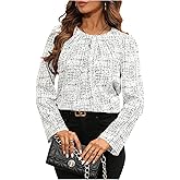 SweatyRocks Women's Dressy Casual Long Sleeve Printed Shirts Crew Neck Pleated Blouse Office Work Tops