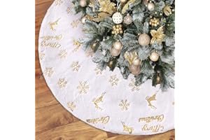 Alynsehom Sequin Christmas Tree Skirt, 48in White Soft Thick Faux Fur Plush Xmas Tree Skirt with Gold Snowflake Reindeer for 