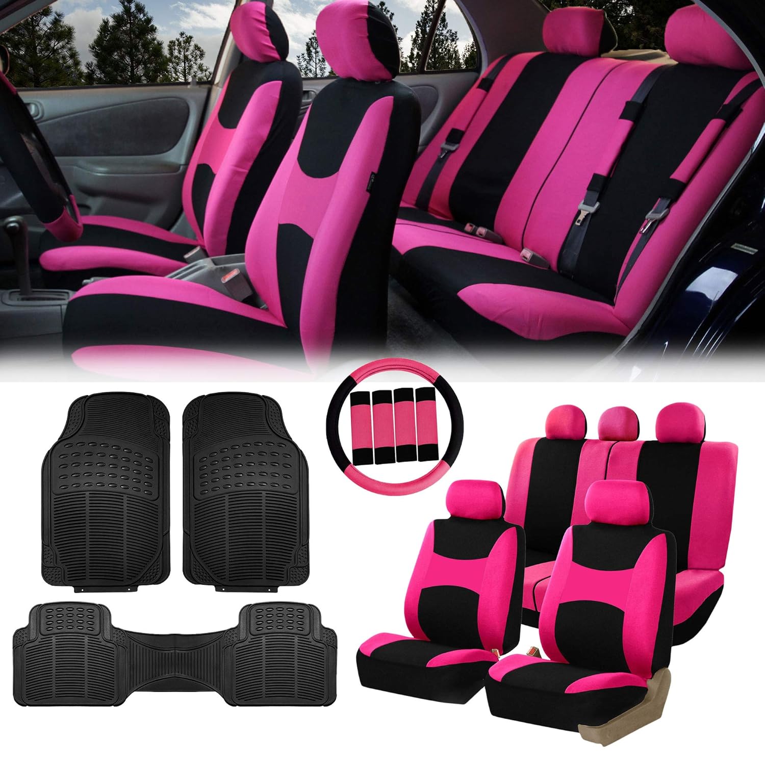Red Black Cloth Auto Seat Covers With Black 4pcs Floor Mats Car