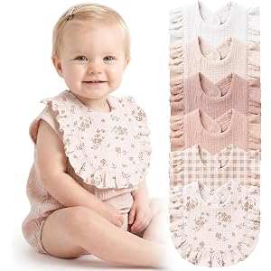 Konssy 6-Pack Muslin Baby Girl Bibs, Absorbent Drool Bibs with Ruffle Trim | 100% Soft Cotton, 6-Layer Absorbency, Adjustable
