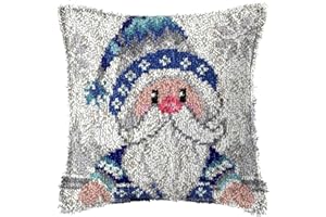 TEZKIM Latch Hook Kits for Adults Christmas DIY Throw Pillow Cover with Printed Canvas Pillowcase Needlework Cushion Cover Hand Craft Creative Gift Home Decoration 16.9Inch X16.9Inch (Blue)