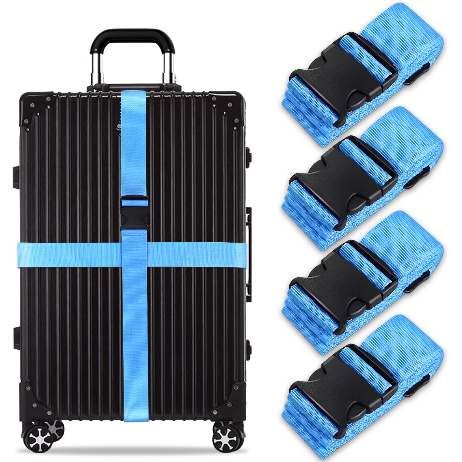Luggage Suitcase Straps Set, Travel Accessories Thickened Luggage Belt with Quick Release Buckle, Adjustable Black Travel Luggage Straps for Suitcase Baggage (Blue, 4 PCS Set)