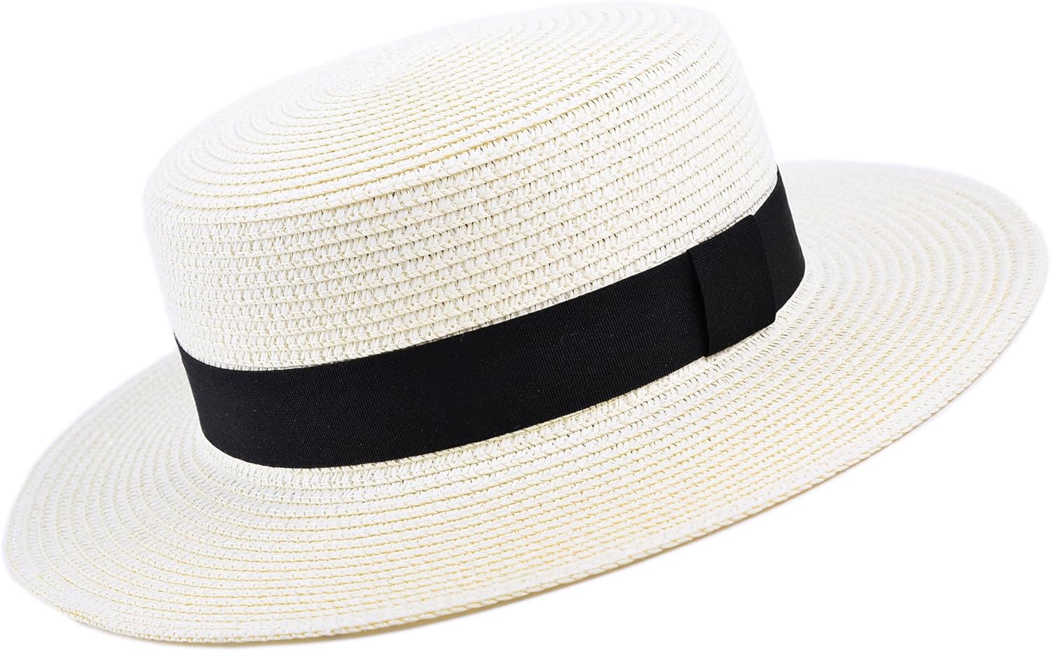 MATCH MUCH Straw Boater Hat (Off White Hat Wide Brim Knot Band) at