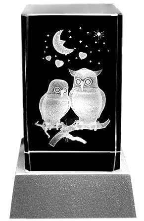 Kaltner Präsente Stimmungslicht LED Kerze/Kristall Glasblock / 3D-Laser-Gravur Verliebte Eulen