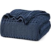 PHF 100% Cotton Waffle Weave Blanket Queen Size for Bed, Soft Lightweight & Breathable for Spring and Summer, All-Season Comfort, Luxury Aesthetic Blanket for Home Decor, 90"x90", Blue Sapphire