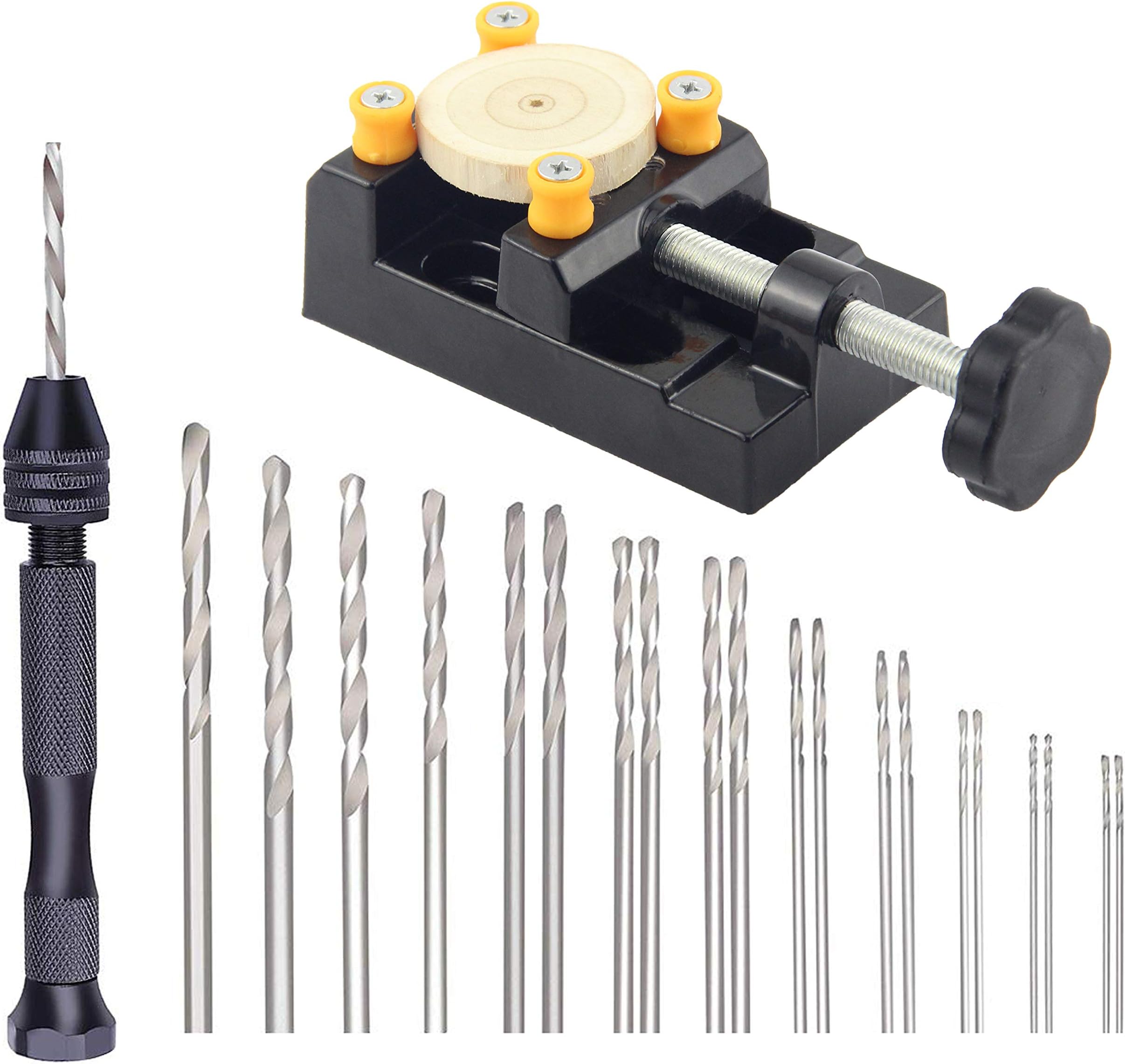 YXGOOD Mini Walnut Vise Clamp Table Bench Vice For Jewelry Nuclear Clip On DIY Carving Tool + Precision Pin Vise Model Hand Drill Set with Twist Drill Bits Set of 20