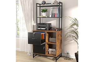 Homieasy Vertical Filing Cabinet with Bookshelf for Home Office, File Cabinet with Shelves, Lock & Charging Station, Drawer Office File Cabinets with Printer Stand, fits Letter Size, Rustic Brown