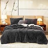 Flysheep Luxury Faux Fur Shaggy Comforter Set King Size, Plush & Sherpa Reversible Comforter Black, 3 Pieces Fluffy Fuzzy Bedding Set Ultra Soft and Warm for Winter (1 Comforter + 2 Pillowcases)