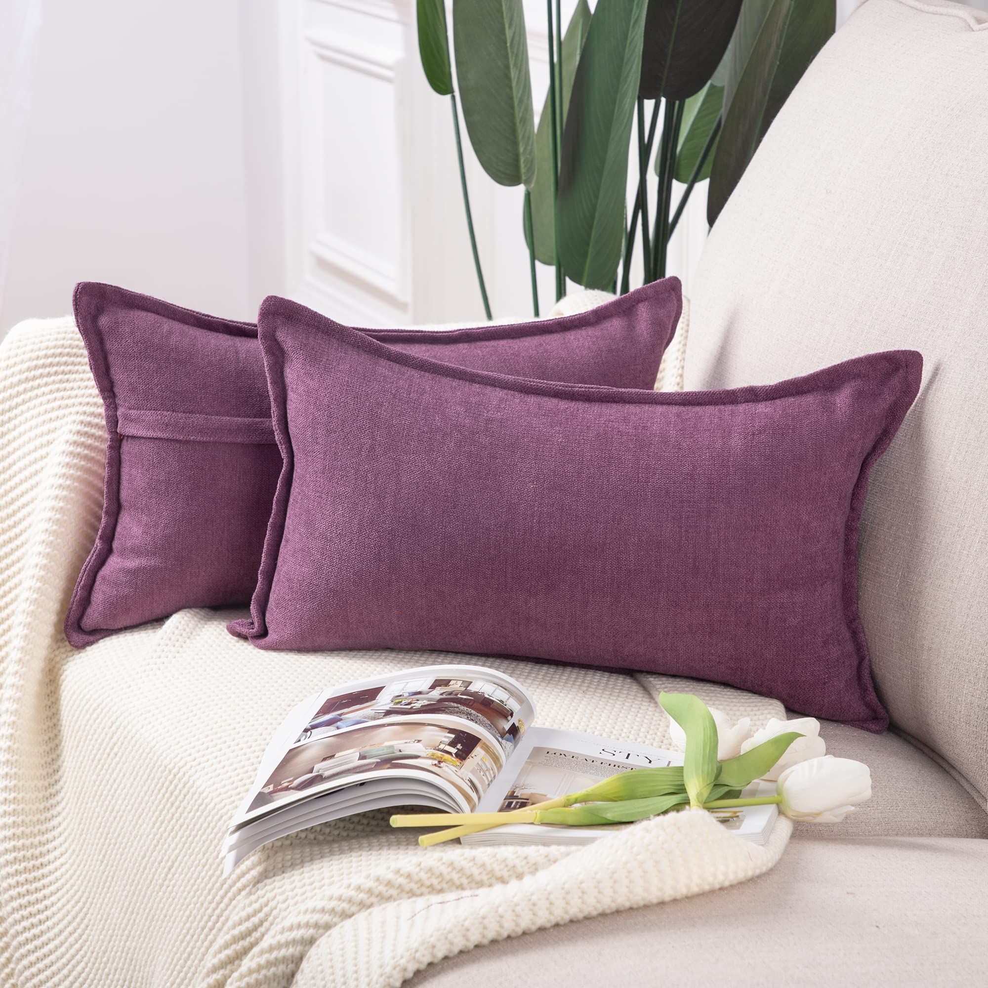 Madizz Set of 2 Short Chenille Throw Pillow Covers 12x20 Inch Purple Soft Decorative Cushion Cover for Sofa Bedroom Pillow Shell
