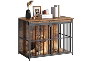 HOOBRO Dog Crate Furniture, 36.6" Heavy Duty Dog Kennel with Sliding Barn Door, Wooden Dog Cage Indoor, Decorative Side End Table for Small/Medium Dogs, Rustic Brown and Black FG162GW03G1